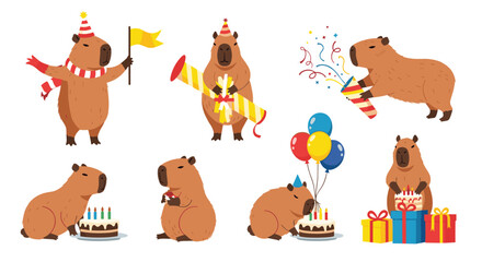 Adorable capybaras in various poses celebrating a festive birthday with hats, cakes, presents, and confetti.