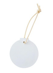 Round empty white price tags with string on white background. Template for design