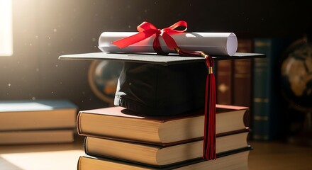 Graduation ceremony with diploma and books on a wooden table with a graduation cap on top