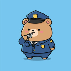 A cute cartoon brown bear character dressed in a police uniform and hat, blowing a silver whistle, standing against a light blue background.