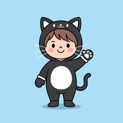 A cute cartoon child dressed in a black cat costume waving on a light blue background.