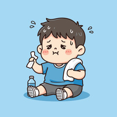 Cartoon boy feeling hot and tired, sweating with a towel and water bottle, sitting down.