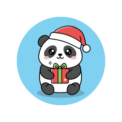 Cute cartoon panda wearing a Santa hat and holding a Christmas gift box in a blue circle.