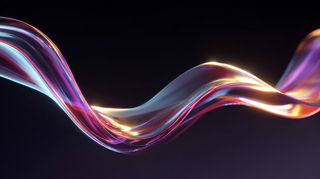 3d iridescent liquid glass ribbon wave line with neon rainbow light texture on abstract black background. Holographic gradient water flow with speed motion effect. Digital tech banner. 3D illustration
