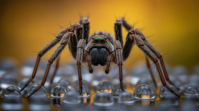 Extreme close up macro photograph of a hairy wolf spider with green eyes on water droplets