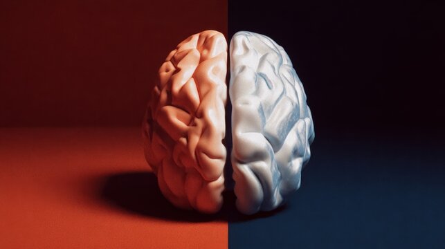 hemisphere. Split human brain illustration contrasting creative and logical sides with warm and cool colors. wellbeing guides, coaching materials, designed for coaching and self-improvement content.
