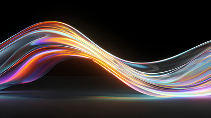 3d iridescent liquid glass ribbon wave line with neon rainbow light texture on abstract black background. Holographic gradient water flow with speed motion effect. Digital tech banner. 3D illustration