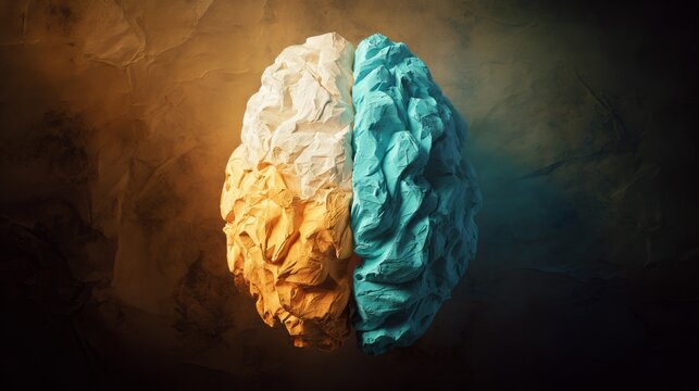 hemisphere. Split human brain illustration contrasting creative and logical sides with warm and cool colors. wellbeing guides, coaching materials, designed for coaching and self-improvement content.
