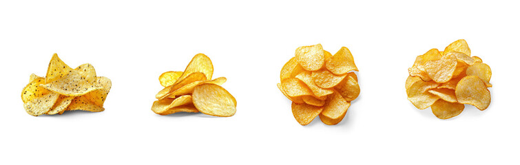 Naklejka premium Four potato chips on a white background.
