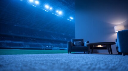 floodlights. Empty stadium under twilight, illuminated by powerful floodlights casting a dramatic glow. event key visuals, club posters, designed for sports event promotions and stadium branding.
