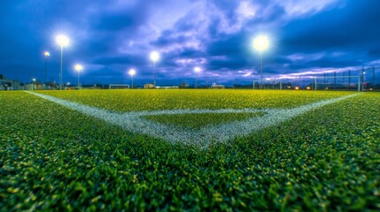 floodlights. Empty stadium under twilight, illuminated by powerful floodlights casting a dramatic glow. event key visuals, club posters, designed for sports event promotions and stadium branding.
