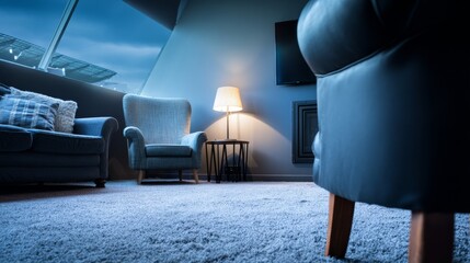 floodlights. Empty stadium under twilight, illuminated by powerful floodlights casting a dramatic glow. event key visuals, club posters, designed for sports event promotions and stadium branding.

