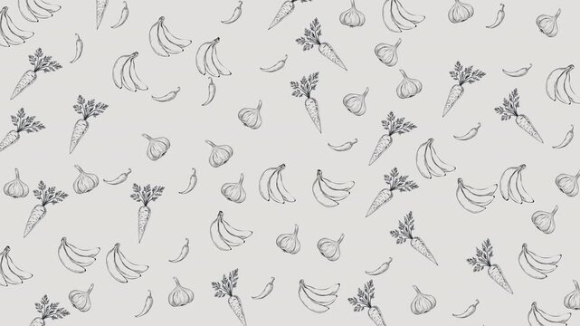 Pattern featuring carrots, garlic, bananas, and peppers with scribble looping animation. Perfect for kitchen decor, food packaging, recipe cards, and cooking blogs.