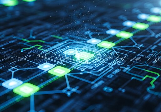 Digital Circuit Board with Glowing Connections and Data Flow.
