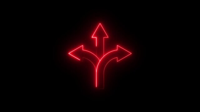 Neon flexibility icon animation on black background, glowing human figure with three-way arrow symbol, showing adaptability, multitasking, decision direction, career growth and skill development