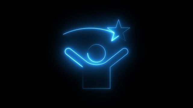 Neon career development icon animation on black background featuring a glowing star above a human head, symbolizing skill growth, personal improvement
