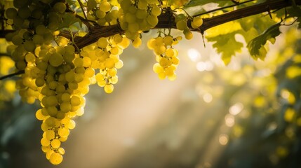 torrontes. Sunlight through morning mist on a cluster of white grapes in a vineyard. bar promotions, beverage menus, designed for food & beverage menus and cafe branding, enhances appetite appeal.
