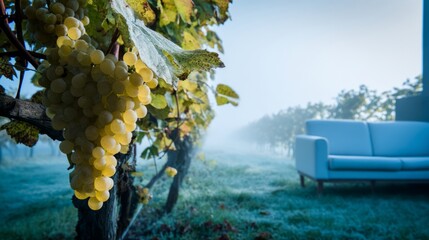 torrontes. Sunlight through morning mist on a cluster of white grapes in a vineyard. bar promotions, beverage menus, designed for food & beverage menus and cafe branding, enhances appetite appeal.
