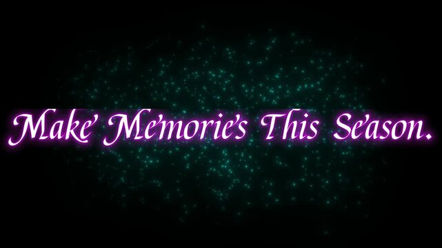 Glowing purple text overlay on a dark background with sparkling green dots scattered throughout the scene