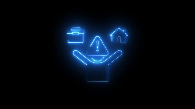 Neon work life balance warning icon animation on black background, glowing man silhouette with briefcase and home symbols, stress alert sign, burnout risk, lifestyle pressure, mental health awareness