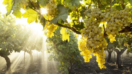 torrontes. Sunlight through morning mist on a cluster of white grapes in a vineyard. bar promotions, beverage menus, designed for food & beverage menus and cafe branding, enhances appetite appeal.
