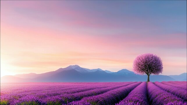 A picturesque landscape featuring a blooming tree in a vast lavender field with mountains silhouetted against a pastel sunrise sky.