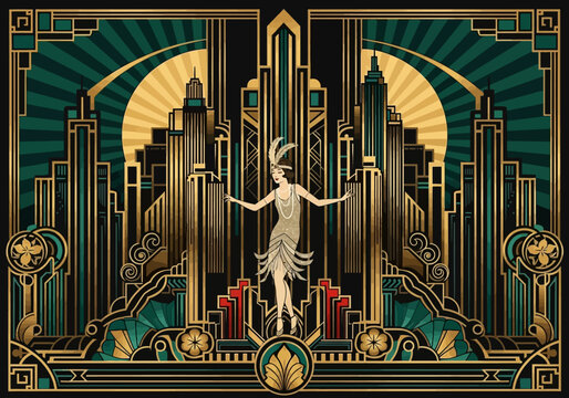Art Deco flapper dancer amidst skyscrapers sunburst  geometric patterns