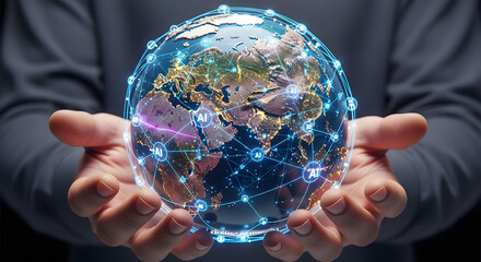 Hands holding a glowing digital Earth with a global network.