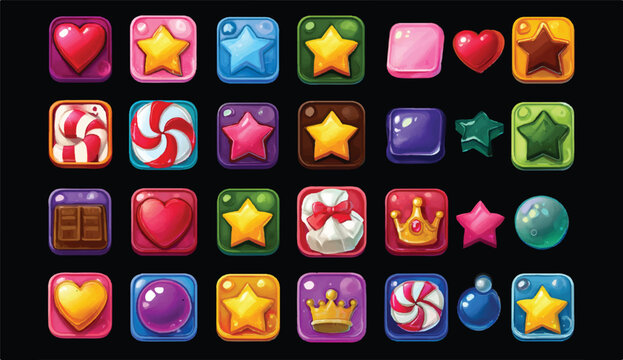 Set of Cartoon Game Assets Candy Star Heart Crown Chocolate Icons