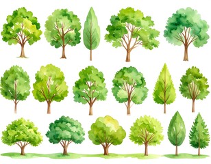 Fototapeta premium Collection of various watercolor tree illustrations on a white background