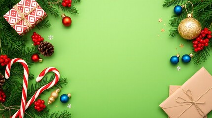 Festive christmas decorations and gifts arranged on a vibrant green background