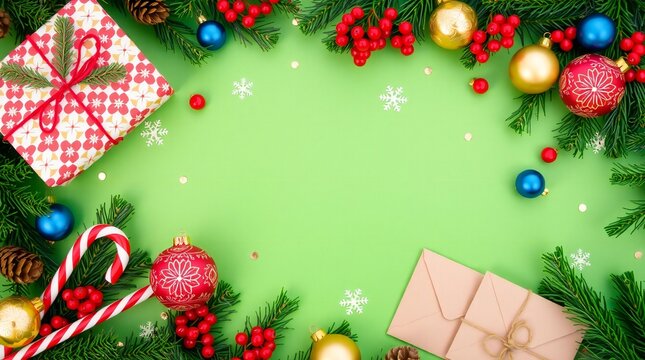Festive christmas frame with gifts ornaments and pine branches on green background