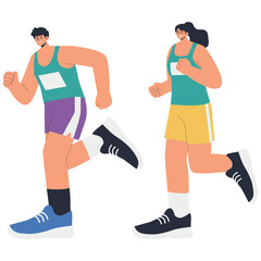 Running Marathon Illustration. Vector illustration of Male and female runners keep a steady pace during a marathon. Isolated on background