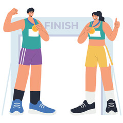 Running Marathon Illustration. Vector illustration of Runners show gold medals at the finish gate after completing the race. Isolated on background