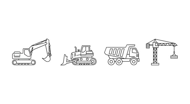 Heavy Construction and Mining Equipment Outline Icons Set
