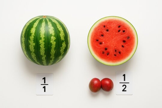 Top down photo of whole and half watermelon with simple white fraction flashcards on bright background math food education image for classroom poster nutrition lesson and kids learning design
