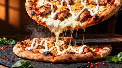 A freshly baked pizza with melted cheese stretching as a slice is lifted, topped with chicken, cheese, and white sauce.