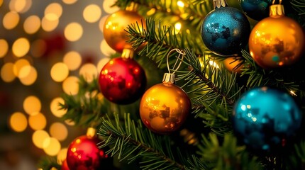 Close up of colorful christmas ornaments on a decorated evergreen tree with bokeh lights