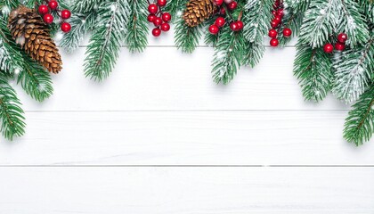 Close-up view of a decorative holiday garland with pinecones, red berries, and evergreen needles forming a border on a clean wooden surface, ideal for Christmas banners and invitations.