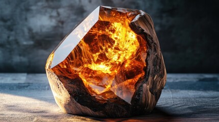 An ornament crafted from polished, petrified wood, inlaid with glowing amber resin, rustic futuristic, tactile