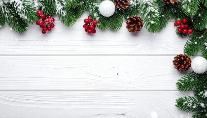 Decorative Christmas frame created with snowy pine branches, red berries, and holiday ornaments placed above a wooden background, suitable for seasonal greeting card designs and promotional materials.