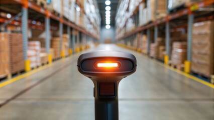 Warehouse scanner with glowing light, set against a backdrop of stacked pallets in a large storage facility.