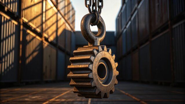 Heavy gear suspended in a shipping container area, illuminated by natural light, showcasing industrial machinery.