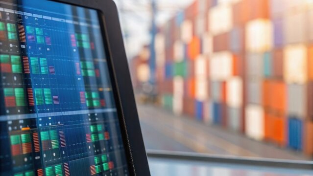 A computer screen displaying data analytics with colorful shipping containers in the background.