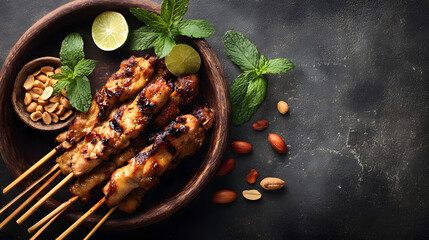 Grilled chicken satay with lime and peanuts on a stone plate with copy space for text. Background illustration of a food menu and recipe.