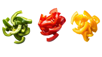 Three piles of sliced bell peppers green red and yellow isolated on transparent background