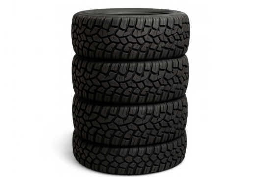 Stack of new black car tires with rugged tread pattern for off-road driving, isolated on a transparent background
