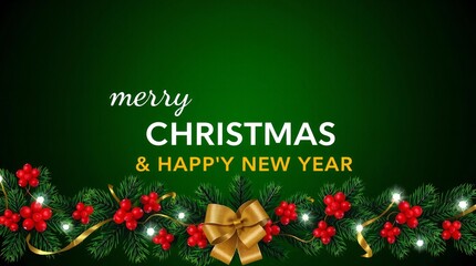 Festive green christmas garland with red ornaments and golden bow