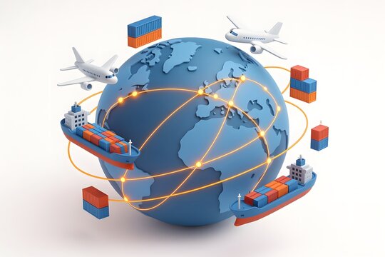 3D Digital Globe with Cargo Ships and Airplanes — International Trade and Logistics Concept
