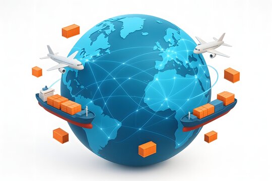 3D Digital Globe with Cargo Ships and Airplanes — International Trade and Logistics Concept
 - Powered by Adobe